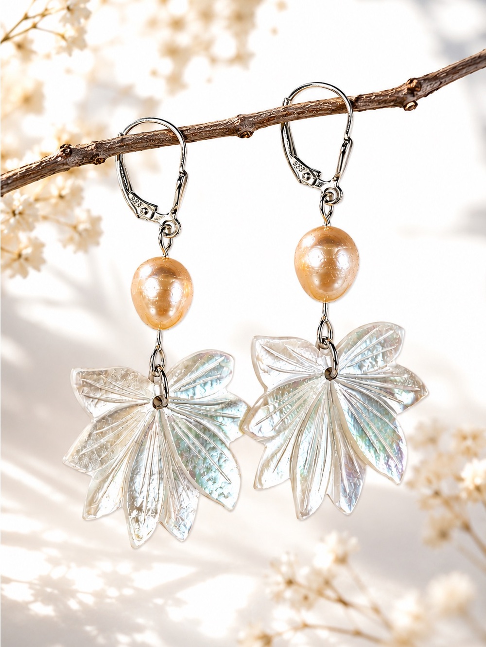 Carved Mother of Pearl Leaf Earrings, Freshwater Pearls, 925 Sterling Silver